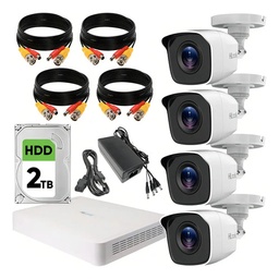 Hilook Kit de Video Vigilancia Turbo HD 4 Cámaras Metálicas 720p Disco Duro de 2 TB + Accesorios Cámaras de Seguridad de Alta Resolución con Visión Nocturna CCTV