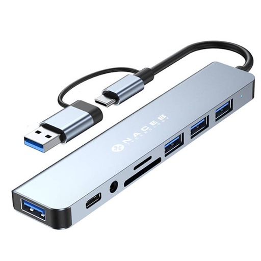 NACEB ADAPTADOR USB-C/A 8 EN 1 USB3.0+3*USB2.0+USB-C+SD/TF+AUX NA-0149