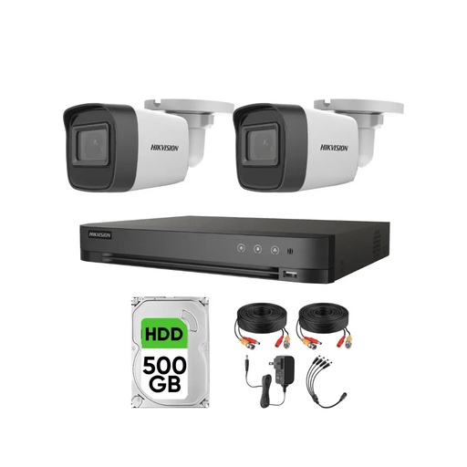 Kit Videovigilancia Hikvision 2 Cámaras Bullet 2ce16h0t Metálicas Con Audio 5mp + Hdd 500gb + Cables + Accesorios - Kit Cctv Hik5mpslq-low-cc (dvr Hkvision 7204huhi-m1 Circuito Cerrado)