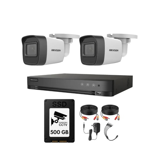 Kit Videovigilancia Hikvision 2 Cámaras Bullet 2ce16h0t Metálicas Con Audio 5mp + SSD 500gb + Cables + Accesorios - Kit Cctv Hik5mpslq-low-cc (dvr Hkvision 7204huhi-m1 Circuito Cerrado)