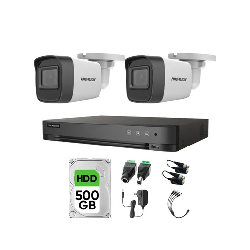 Kit Videovigilancia Hikvision 2 Cámaras Bullet 2ce16h0t Metálicas Con Audio 5mp + Hdd 500gb + Baluns + Accesorios - Kit Cctv Hik5mpslq-low-sc (dvr Hkvision 7204huhi-m1 Circuito Cerrado)