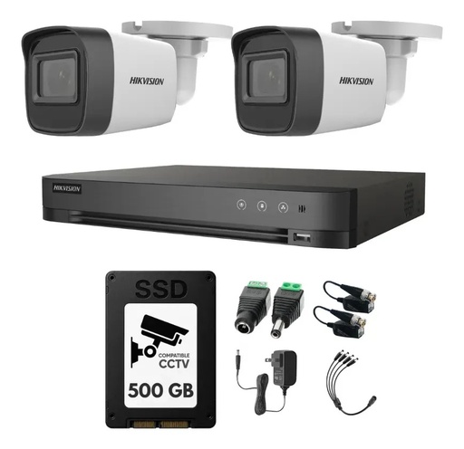 Kit Videovigilancia Hikvision 2 Cámaras Bullet 2ce16h0t Metálicas Con Audio 5mp + SSD 500gb + Baluns + Accesorios - Kit Cctv Hik5mpslq-low-sc (dvr Hkvision 7204huhi-m1 Circuito Cerrado)