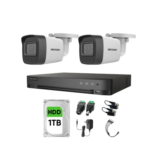 Kit Videovigilancia Hikvision 2 Cámaras Bullet 2ce16h0t Metálicas Con Audio 5mp + Hdd 1 tb + Baluns + Accesorios - Kit Cctv Hik5mpslq-med-sc (dvr Hkvision 7204huhi-m1 Circuito Cerrado)