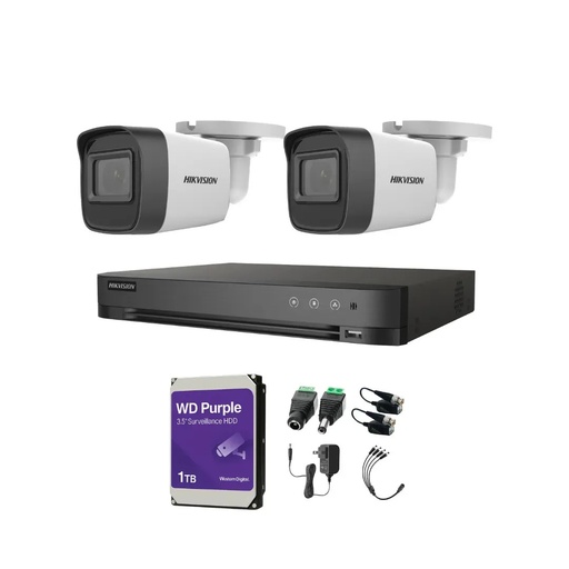 Kit Videovigilancia Hikvision 2 Cámaras Bullet 2ce16h0t Metálicas Con Audio 5mp + Hdd 1 tb western digital + Baluns + Accesorios - Kit Cctv Hik5mpslq-med-sc (dvr Hkvision 7204huhi-m1 Circuito Cerrado)