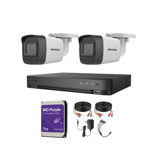 Kit Videovigilancia Hikvision 2 Cámaras Bullet 2ce16h0t Metálicas Con Audio 5mp + Hdd 2 tb western digital + Cables + Accesorios - Kit Cctv Hik5mpslq-high-cc (dvr Hkvision 7204huhi-m1 Circuito Cerrado)