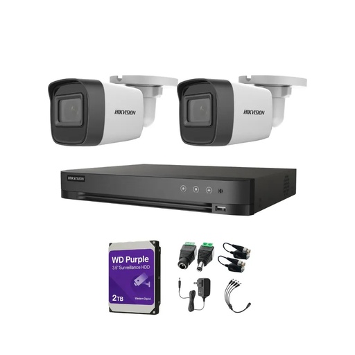 Kit Videovigilancia Hikvision 2 Cámaras Bullet 2ce16h0t Metálicas Con Audio 5mp + Hdd 2 tb western digital + Baluns + Accesorios - Kit Cctv Hik5mpslq-high-sc (dvr Hkvision 7204huhi-m1 Circuito Cerrado)