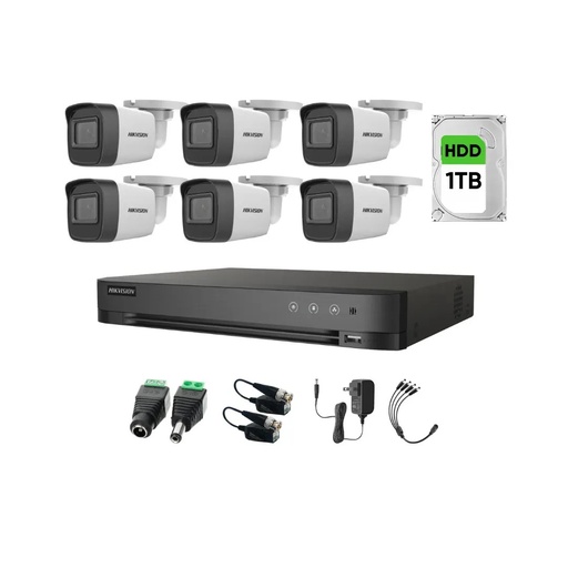 Kit Videovigilancia Hikvision 6 Cámaras Bullet 2ce16h0t Metálicas Con Audio 5mp + Hdd 1tb + Baluns + Accesorios - Kit Cctv Hik5mpslq-low-sc (dvr Hkvision 7208hqhi-m1 Circuito Cerrado)