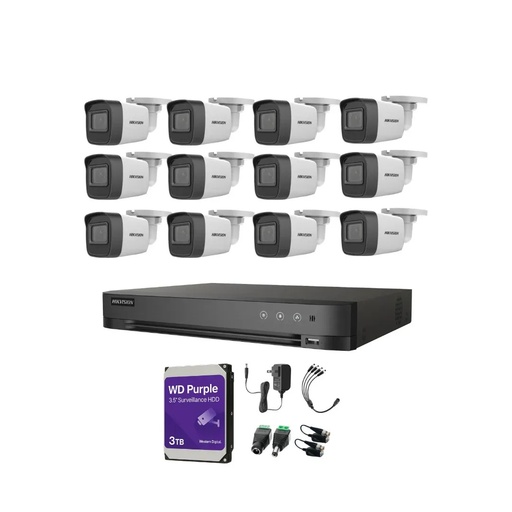 Kit Videovigilancia Hikvision 12 Cámaras Bullet 2ce16h0t Metálicas Con Audio 5mp + HDD 3tb western digital + baluns + Accesorios - Kit Cctv Hik5mpslq-low-sc (dvr Hkvision 7216hqhi-m1 Circuito Cerrado)