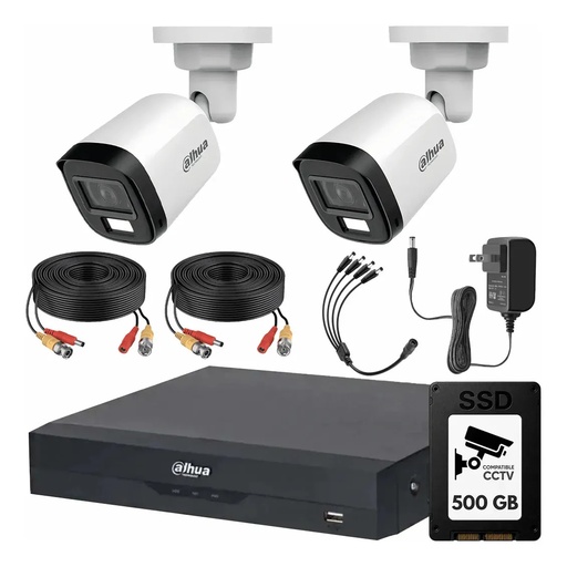 Kit Videovigilancia Cronos 2 Cámaras Dahua Bala HFW1500CMN 5mp con micrófono + SSD 500GB + cables + Accesorios - Kit CCTV HFW1500CMN-LOW-CC (DVR XVR5104HS Circuito Cerrado)