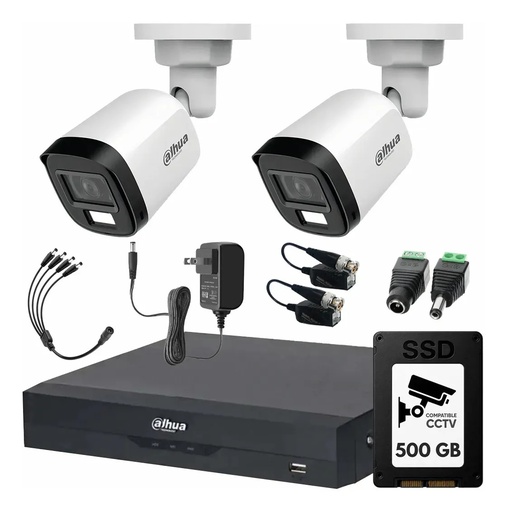 Kit Videovigilancia Cronos 2 Cámaras Dahua Bala HFW1500CMN 5mp con micrófono + SSD 500GB + Baluns + Accesorios - Kit CCTV HFW1500CMN-LOW-SC (DVR XVR5104HS Circuito Cerrado)