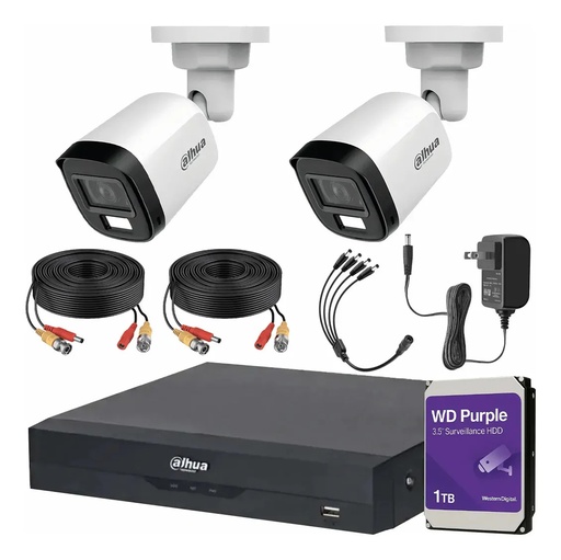 Kit Videovigilancia Cronos 2 Cámaras Dahua Bala HFW1500CMN 5mp con micrófono + HDD 1TB WD purple + cables + Accesorios - Kit CCTV HFW1500CMN-MED-CC (DVR XVR5104HS Circuito Cerrado) 
