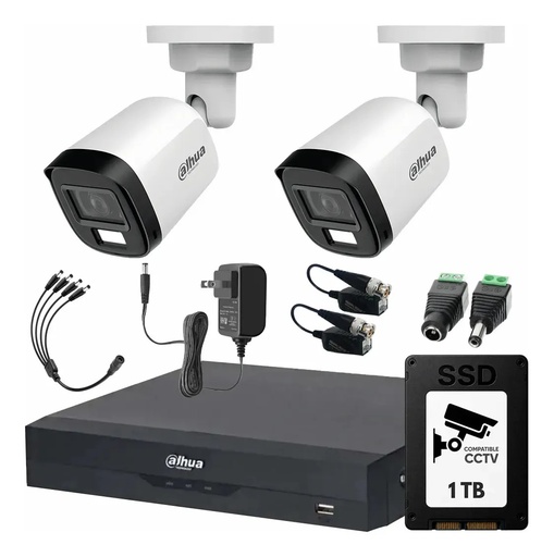 Kit Videovigilancia Cronos 2 Cámaras Dahua Bala HFW1500CMN 5mp con micrófono + SSD 1TB+ Baluns + Accesorios - Kit CCTV HFW1500CMN-MED-SC (DVR XVR5104HS Circuito Cerrado)