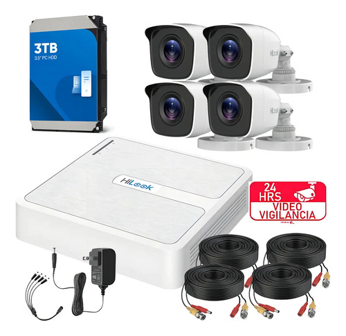 Kit Videovigilancia Hilook By Hikvision 4 Camaras 1mp + Hdd 3TB