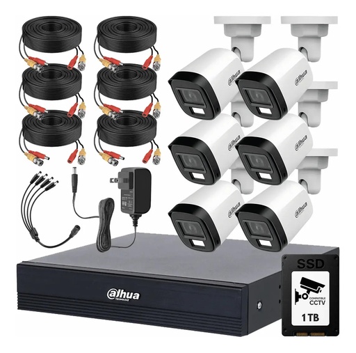 Kit Videovigilancia Cronos 6 Cámaras Dahua Bala HFW1500CMN 5mp con micrófono + SSD 1 TB + Cables + Accesorios - Kit CCTV HFW1500CMN-LOW-CC (DVR XVR5108HS Circuito Cerrado)