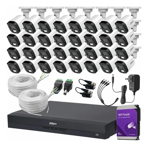 Kit Videovigilancia Cronos 32 Cámaras Dahua Bala HFW1500CMN 5mp con micrófono + HDD 6TB WD purple + bobina UTP + baluns + Accesorios - Kit CCTV HFW1500CMN-HIGH-CC (DVR XVR5232AN-I3 Circuito Cerrado)