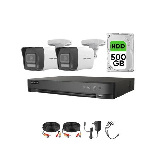 Kit Videovigilancia Hikvision 2 Cámaras Bala Dual Light ColorVu Metalica audio 2CE16K0T 5MP + HDD 500GB + cables + Accesorios-Kit Cctv 7204HUHI-LOW-CC (DVR 7204HUHI-M1/S Circuito Cerrado)