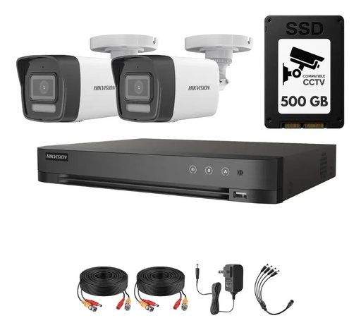 Kit Videovigilancia Hikvision 2 Cámaras Bala Dual Light ColorVu Metalica audio 2CE16K0T 5MP + SSD 500GB + cables + Accesorios-Kit Cctv 7204HUHI-LOW-CC (DVR 7204HUHI-M1/S Circuito Cerrado)