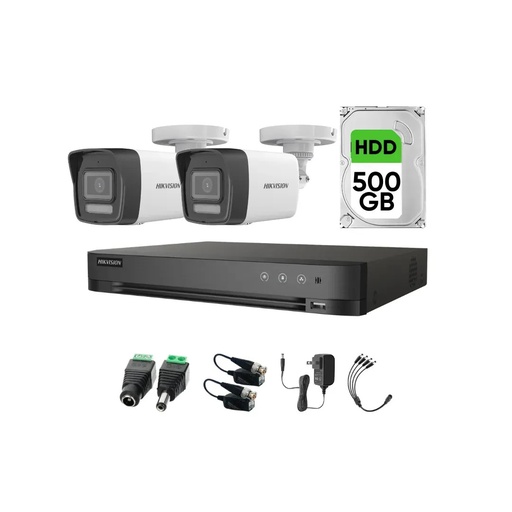 Kit Videovigilancia Hikvision 2 Cámaras Bala Dual Light ColorVu Metalica audio 2CE16K0T 5MP + HDD 500GB + Baluns + Accesorios-Kit Cctv 7204HUHI-LOW-SC (DVR 7204HUHI-M1/S Circuito Cerrado)