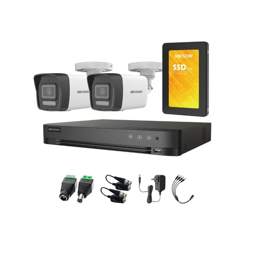 Kit Videovigilancia Hikvision 2 Cámaras Bala Dual Light ColorVu Metalica audio 2CE16K0T 5MP + SSD 500GB + Baluns + Accesorios-Kit Cctv 7204HUHI-LOW-SC (DVR 7204HUHI-M1/S Circuito Cerrado)
