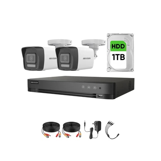 Kit Videovigilancia Hikvision 2 Cámaras Bala Dual Light ColorVu Metalica audio 2CE16K0T 5MP + HDD 1TB + cables + Accesorios-Kit Cctv 7204HUHI-MED-CC (DVR 7204HUHI-M1/S circuito cerrado)