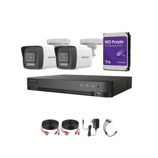 Kit Videovigilancia Hikvision 2 Cámaras Bala Dual Light ColorVu Metalica audio 2CE16K0T 5MP + HDD 1TB WD purple + cables + Accesorios-Kit Cctv 7204HUHI-MED-CC (DVR 7204HUHI-M1/S circuito cerrado)