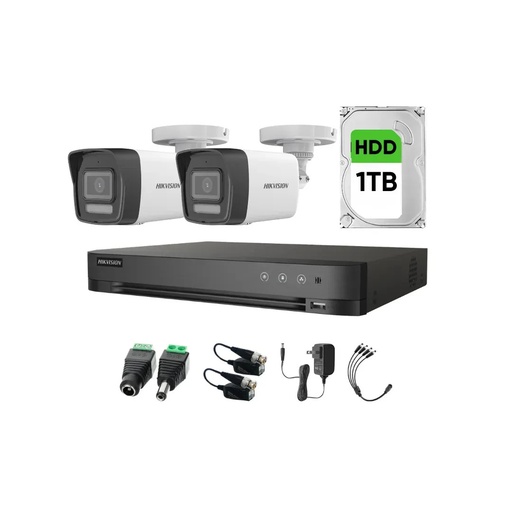 Kit Videovigilancia Hikvision 2 Cámaras Bala Dual Light ColorVu Metalica audio 2CE16K0T 5MP + HDD 1TB + baluns + Accesorios-Kit Cctv 7204HUHI-MED-SC (DVR 7204HUHI-M1/S Circuito Cerrado)