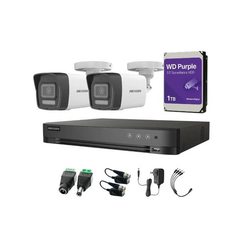 Kit Videovigilancia Hikvision 2 Cámaras Bala Dual Light ColorVu Metalica audio 2CE16K0T 5MP + HDD 1TB WD purple + baluns + Accesorios-Kit Cctv 7204HUHI-MED-SC (DVR 7204HUHI-M1/S Circuito Cerrado)