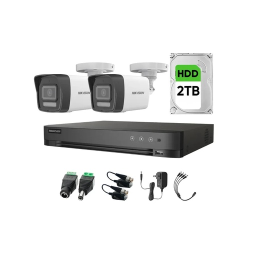 Kit Videovigilancia Hikvision 2 Cámaras Bala Dual Light ColorVu Metalica audio 2CE16K0T 5MP + HDD 2TB + baluns + Accesorios-Kit Cctv 7204HUHI-HIGH-SC (DVR 7204HUHI-M1/S Circuito Cerrado)