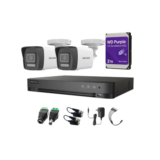 Kit Videovigilancia Hikvision 2 Cámaras Bala Dual Light ColorVu Metalica audio 2CE16K0T 5MP + HDD 2TB WD purple + baluns + Accesorios-Kit Cctv 7204HUHI-HIGH-SC (DVR 7204HUHI-M1/S Circuito Cerrado)