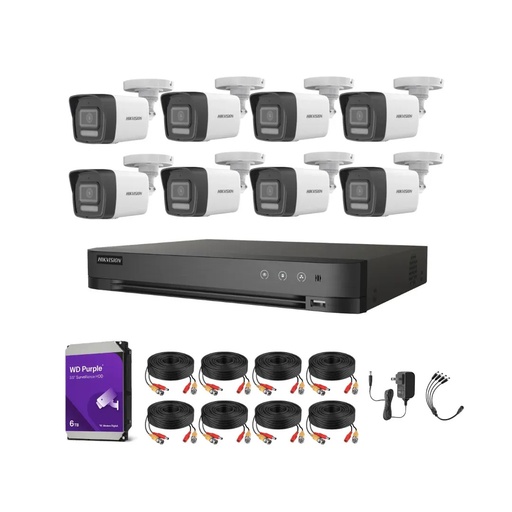 Kit Videovigilancia Hikvision 8 Cámaras Bala Dual Light ColorVu Metalica audio 2CE16K0T 5MP + HDD 6 TB WD purple + Cables + Accesorios - Kit Cctv 7204HUHI-HIGH-CC (DVR 7208HQHI-M1/XT)