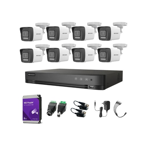 Kit Videovigilancia Hikvision 8 Cámaras Bala Dual Light ColorVu Metalica audio 2CE16K0T 5MP + HDD 6 TB WD purple + Baluns + Accesorios-Kit Cctv 7204HUHI-HIGH-SC (DVR 7208HQHI-M1/XT)