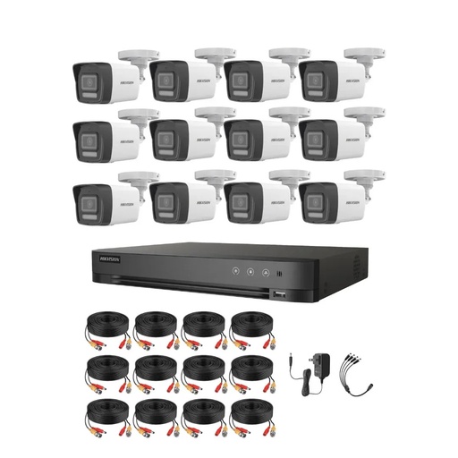 Kit Videovigilancia Hikvision 12 Cámaras Bala Dual Light ColorVu Metalica audio 2CE16K0T 5MP + Cables + Accesorios-Kit Cctv 7204HUHI-ZERO-CC (DVR 7216HQHI-M1/XT)