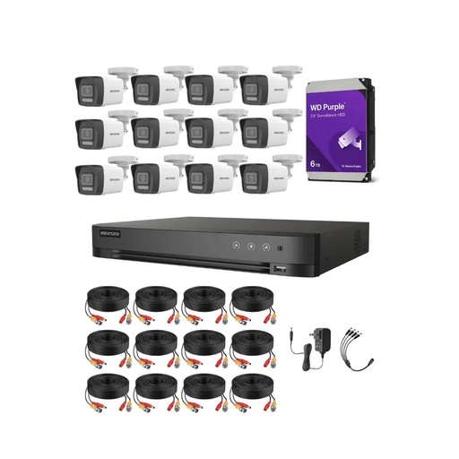 Kit Videovigilancia Hikvision 12 Cámaras Bala Dual Light ColorVu Metalica audio 2CE16K0T 5MP + HDD 6TB WD purple + Cables + Accesorios-Kit Cctv 7204HUHI-MED-CC (DVR 7216HQHI-M1/XT)