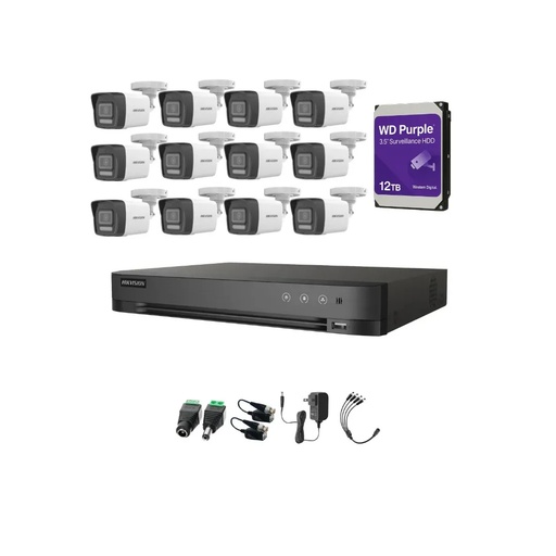 Kit Videovigilancia Hikvision 12 Cámaras Bala Dual Light ColorVu Metalica audio 2CE16K0T 5MP + HDD 12TB WD purple + Baluns + Accesorios-Kit Cctv 7204HUHI-HIGH-SC (DVR 7216HQHI-M1/XT)