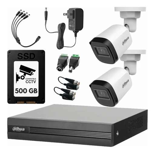 Kit Videovigilancia Cronos 2 Cámaras B1A21N 2 Mp + SSD de 500 GB + Baluns + Accesorios - Kit CCTV B1A21N-LOW-SC (DVR Dahua XVR1B04-I Circuito Cerrado)