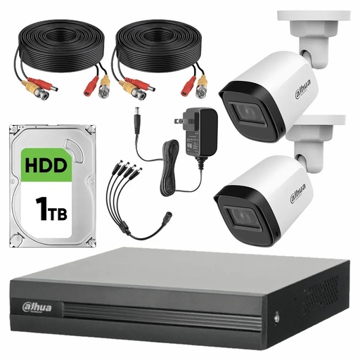 Kit Videovigilancia Cronos 2 Cámaras B1A21N 2 Mp + Disco Duro de 1TB + Cables + Accesorios - Kit CCTV B1A21N-MED-CC (DVR Dahua XVR1B04-I Circuito Cerrado)