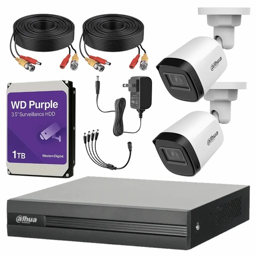 Kit Videovigilancia Cronos 2 Cámaras B1A21N 2 Mp + HDD WD Purple de 1TB + Cables + Accesorios - Kit CCTV B1A21N-MED-CC (DVR Dahua XVR1B04-I Circuito Cerrado)