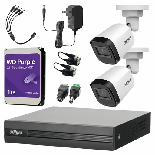 Kit Videovigilancia Cronos 2 Cámaras B1A21N 2 Mp + HDD WD Purple de 1TB + Baluns + Accesorios - Kit CCTV B1A21N-MED-SC (DVR Dahua XVR1B04-I Circuito Cerrado)
