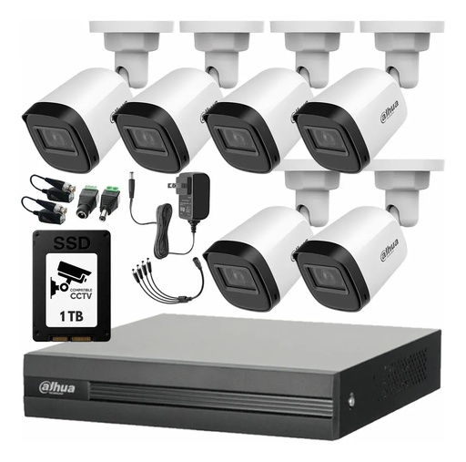 Kit Videovigilancia Cronos 6 Cámaras Dahua  Bala B1A21N 2 MP + SSD 1 TB + Baluns + Accesorios - Kit CCTV B1A21N-LOW-SC (DVR Dahua XVR1B08-I Circuito Cerrado)
