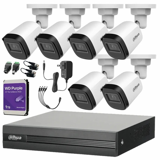 Kit Videovigilancia Cronos 6 Cámaras Dahua  Bala B1A21N 2 MP + HDD WD Purple 1 TB + Baluns + Accesorios - Kit CCTV B1A21N-LOW-SC (DVR Dahua XVR1B08-I Circuito Cerrado)