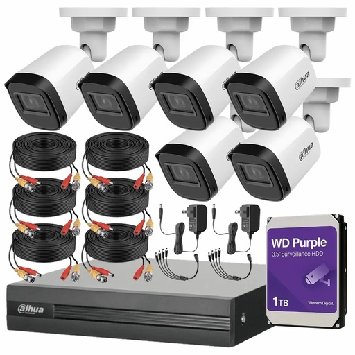 Kit Videovigilancia Cronos 6 Cámaras Dahua Bala B1A21N 2MP + HDD WD Purple 1TB + Cables + Accesorios - Kit CCTV B1A21N-LOW-CC (DVR Dahua XVR1B08-I Circuito Cerrado)