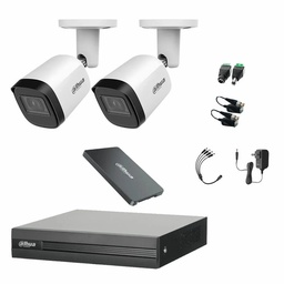 Kit Videovigilancia Cronos 2 Cámaras Dahua Bala Metalica B2A21N-U 2MP + 1TB SSD + Baluns - Kit CCTV B2A21N-MED-SC (DVR Dahua DH-XVR1B04-I Circuito Cerrado)