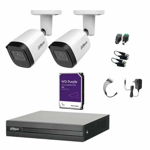 Kit Videovigilancia Cronos 2 Cámaras Dahua Bala Metalica B2A21N-U 2MP + 1TB HDD Purple WD + Baluns - Kit CCTV B2A21N-MED-SC (DVR Dahua DH-XVR1B04-I Circuito Cerrado)