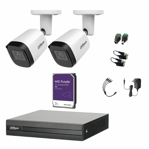 Kit Videovigilancia Cronos 2 Cámaras Dahua Bala Metalica B2A21N-U 2MP + 2TB HDD Purple WD + Baluns - Kit CCTV B2A21N-HIGH-SC (DVR Dahua DH-XVR1B04-I Circuito Cerrado)