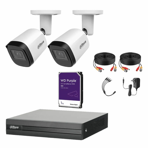 Kit Videovigilancia Cronos 2 Cámaras Dahua Bala Metalica B2A21N-U 2MP + 2TB HDD Purple WD + Cables - Kit CCTV B2A21N-HIGH-CC (DVR Dahua DH-XVR1B04-I Circuito Cerrado)