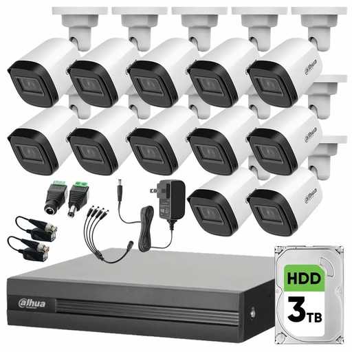 Kit Videovigilancia Cronos 12 Cámaras Dahua Bala B1A21N 2 MP + Disco Duro 3TB + Baluns + Accesorios - Kit B1A21N-LOW-SC (DVR Dahua XVR1B16-I Circuito Cerrado)