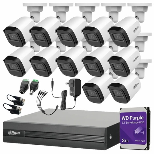 Kit Videovigilancia Cronos 12 Cámaras Dahua Bala B1A21N 2 MP + HDD WD Purple 3TB + Baluns + Accesorios - Kit B1A21N-LOW-SC (DVR Dahua XVR1B16-I Circuito Cerrado)