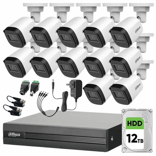 Kit Videovigilancia Cronos 12 Cámaras Dahua Bala B1A21N 2 MP + Disco Duro 12TB + Baluns + Accesorios - Kit B1A21N-HIGH-SC (DVR Dahua XVR1B16-I Circuito Cerrado)