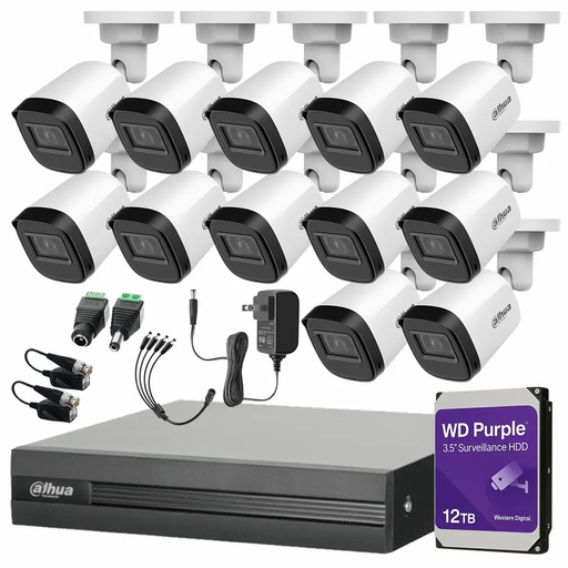 Kit Videovigilancia Cronos 12 Cámaras Dahua Bala B1A21N 2 MP + HDD WD Purple 12TB + Baluns + Accesorios - Kit B1A21N-HIGH-SC (DVR Dahua XVR1B16-I Circuito Cerrado)