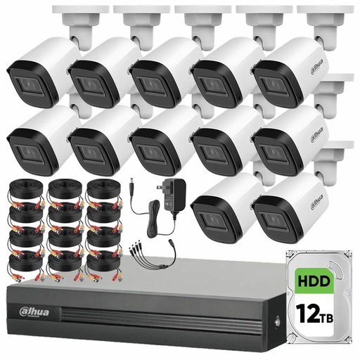 Kit Videovigilancia Cronos 12 Cámaras Dahua Bala B1A21N 2 MP + Disco Duro 12TB + Cables + Accesorios - Kit B1A21N-HIGH-CC (DVR Dahua XVR1B16-I Circuito Cerrado)